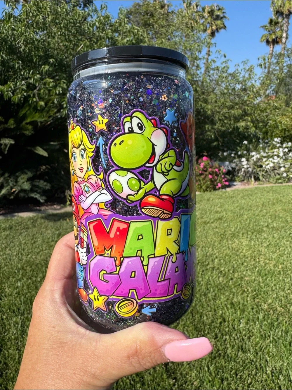 Mario Galaxy snow globe glass Tumbler 16oz